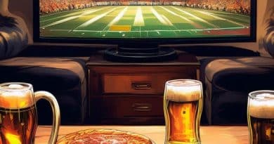 pizza on a coffee table in front of a tv watching the football game