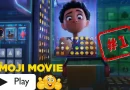 Szene aus The Emoji Movie mit der Hauptfigur Gene auf einem Bildschirm mit verschiedenen Emojis, mit einem roten "#1"-Stempel und einer Wiedergabetaste.