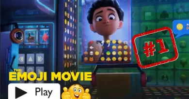 Cena de The Emoji Movie com o personagem principal, Gene, em uma tela com vários emojis, com um selo vermelho "#1" e um botão de reprodução.