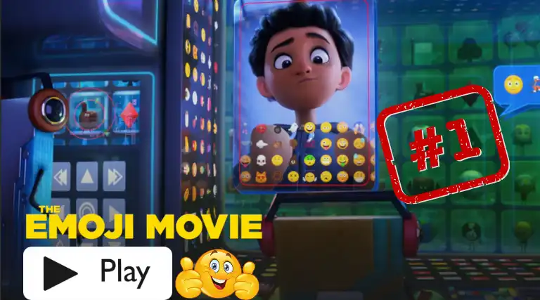 Scene from The Emoji Movie featuring the main character, Gene, on a screen with various emojis, with a red "#1" stamp and a play button.