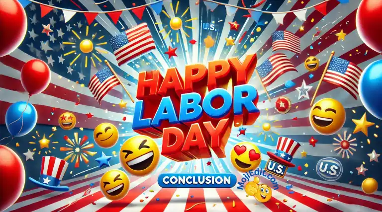 Festliche Feier zum Tag der Arbeit mit "Happy Labor Day!"-Nachricht und Emojis