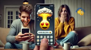 Imagem fotorrealista em tela dividida de um jovem à esquerda enviando um emoji de mente explodida em seu iPhone para sua namorada à direita, que reage com surpresa e entusiasmo. O emoji de mente explodida é claramente visível em ambas as telas, e a mulher é retratada com duas mãos.