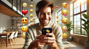  Eine lächelnde Person, die auf ihr Smartphone schaut, mit Emojis im Hintergrund.