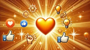 Una imagen con el emoji del corazón naranja rodeado de símbolos de positividad, como un rayo de sol, un pulgar hacia arriba y una bombilla, sobre un fondo dinámico con rayos de luz naranjas y amarillos.