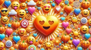 Una imagen vibrante con el emoji de corazón naranja rodeado de otros emojis, como una calabaza, un sol y un globo, todo ello sobre un fondo colorido con confeti y chispas.