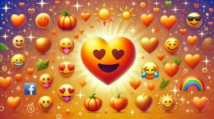 A vibrant image showcasing a large orange heart emoji at the center, surrounded by smaller emojis representing warmth, positivity, and friendship, such as a sun, pumpkin, smiley face, and sparkles. The background transitions from orange to yellow.