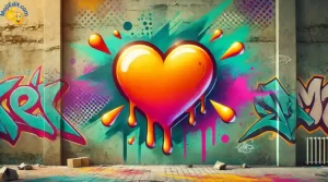 Uma imagem em estilo de grafite com um emoji de coração laranja grande e vibrante 🧡 com um efeito pintado com spray, cercado por gotas, respingos e padrões abstratos de grafite em cores fortes em uma parede texturizada.