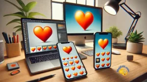 Une image photo-réaliste montrant un iPhone, un téléphone Android et un ordinateur portable sur un bureau en bois, chacun affichant une version légèrement différente de l'emoji cœur orange 🧡, mettant en évidence les variations d'une plateforme à l'autre.