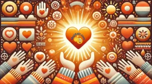 An image showing the orange heart emoji at the center surrounded by symbols of warmth, friendship, and support, including a group of hands, a sun, and a cozy scarf, against a soft, glowing background of warm orange, red, and yellow tones.