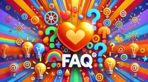 Una imagen vibrante y divertida con el emoji de corazón naranja 🧡 rodeado de coloridos signos de interrogación, bombillas y signos de exclamación, con "FAQ" claramente deletreado, que simboliza las preguntas más frecuentes y el descubrimiento, sobre un fondo dinámico y colorido.