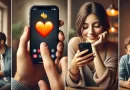 A split-screen image showing a young man on the left texting an orange heart emoji 🧡 to his girlfriend, with detailed and realistic hands holding the phone. On the right, a young woman smiles warmly as she looks at her phone, reading the text in a cozy, modern setting.