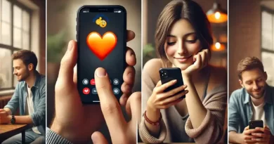 Uma imagem em tela dividida que mostra um jovem à esquerda enviando uma mensagem de texto com um emoji de coração laranja 🧡 para sua namorada, com mãos detalhadas e realistas segurando o telefone. À direita, uma jovem sorri calorosamente ao olhar para seu telefone, lendo o texto em um ambiente moderno e aconchegante.