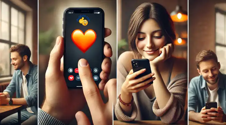 Uma imagem em tela dividida que mostra um jovem à esquerda enviando uma mensagem de texto com um emoji de coração laranja 🧡 para sua namorada, com mãos detalhadas e realistas segurando o telefone. À direita, uma jovem sorri calorosamente ao olhar para seu telefone, lendo o texto em um ambiente moderno e aconchegante.