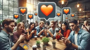 Imagen fotorrealista de un grupo heterogéneo de personas que utilizan teléfonos inteligentes, con el emoji de corazón naranja visible en sus pantallas. El escenario es una cafetería moderna, con elementos digitales como burbujas de chat e iconos de redes sociales sutilmente integrados en el fondo.