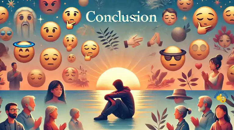 Una serena ilustración de emojis de personas en pose reflexiva, sobre un fondo de naturaleza tranquila con cálidos degradados, que representa la conclusión del viaje a través de los 196 Emojis de Personas.