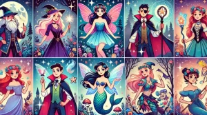 Una encantadora ilustración de emojis de personas en papeles de fantasía como mago, hada y sirena, ambientada en un mundo mágico con bosques místicos y estrellas centelleantes, que captura la maravilla de un reino de fantasía.