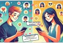 Una divertida y juguetona ilustración en pantalla dividida de un joven enviando emojis de personas a su novia, ambos con teléfonos móviles en la mano, con un fondo de emojis de personas flotando, que destaca su conexión a través de la comunicación digital.