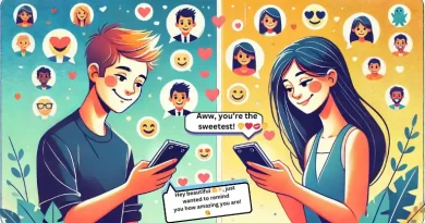 A fun and playful split-screen illustration of a young man texting people emojis to his girlfriend, both holding cell phones, with a background of floating people emojis, highlighting their connection through digital communication.