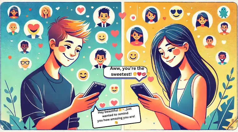 A fun and playful split-screen illustration of a young man texting people emojis to his girlfriend, both holding cell phones, with a background of floating people emojis, highlighting their connection through digital communication.