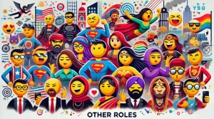 Eine ansprechende Illustration von Menschen-Emojis in verschiedenen Rollen, einschließlich Superhelden, Superschurken und Figuren in kultureller Kleidung, vor einem abwechslungsreichen und lebendigen Hintergrund mit dynamischen Elementen, die den Reichtum und die Vielfalt der verschiedenen Rollen hervorheben.