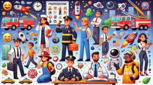 Illustration attrayante d'emojis de personnes exerçant diverses professions, telles que policiers, pompiers et astronautes, avec un arrière-plan dynamique qui met en évidence la diversité des rôles dans la société.