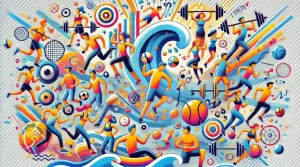 An energetic illustration of people emojis in action, including running, dancing, swimming, and weightlifting, set against a bright and sporty background with dynamic elements, highlighting the excitement of sports and activities.