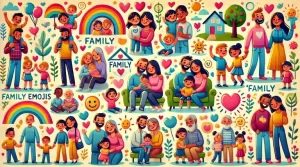 A lively and heartwarming illustration of diverse family emojis, depicting different family structures with characters showing love and unity, set against a warm background with elements like homes and trees, symbolizing the bonds of family.