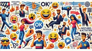 Una expresiva ilustración de emojis de personas realizando diversas actividades, como levantar la mano, gesticular OK y hacer muecas con la cara, con un fondo dinámico y colorido, que pone de relieve la variedad de gestos y emociones de la vida cotidiana.