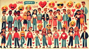 Illustration joyeuse et colorée d'emojis de couples et de relations, comprenant diverses représentations de personnes se tenant par la main et se tenant ensemble, sur un fond chaud avec des formes de cœur, capturant l'essence de l'amour et de l'unité.