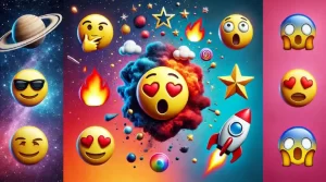 A photo-realistic image displaying the mind-blown emoji combined with other emojis, including the fire emoji, star-struck emoji, and rocket emoji, against a colorful gradient background.