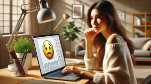 femme sur ordinateur envoyant un emoji triste