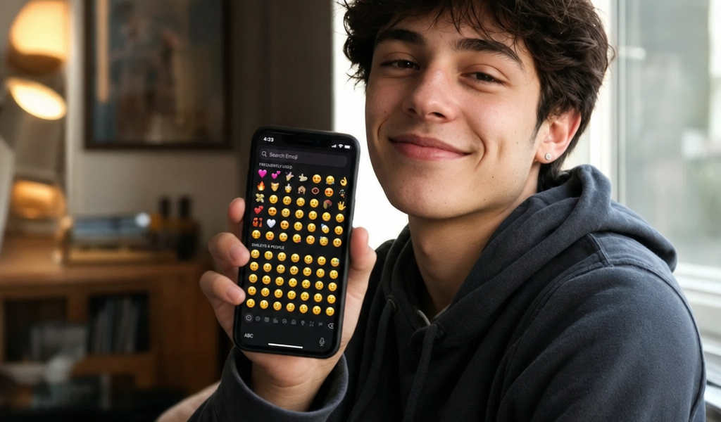 Gen Z person holding phone full of emoji