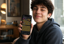 Génération Z tenant un téléphone plein d'emojis