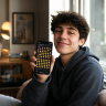 Gen Z person holding phone full of emoji