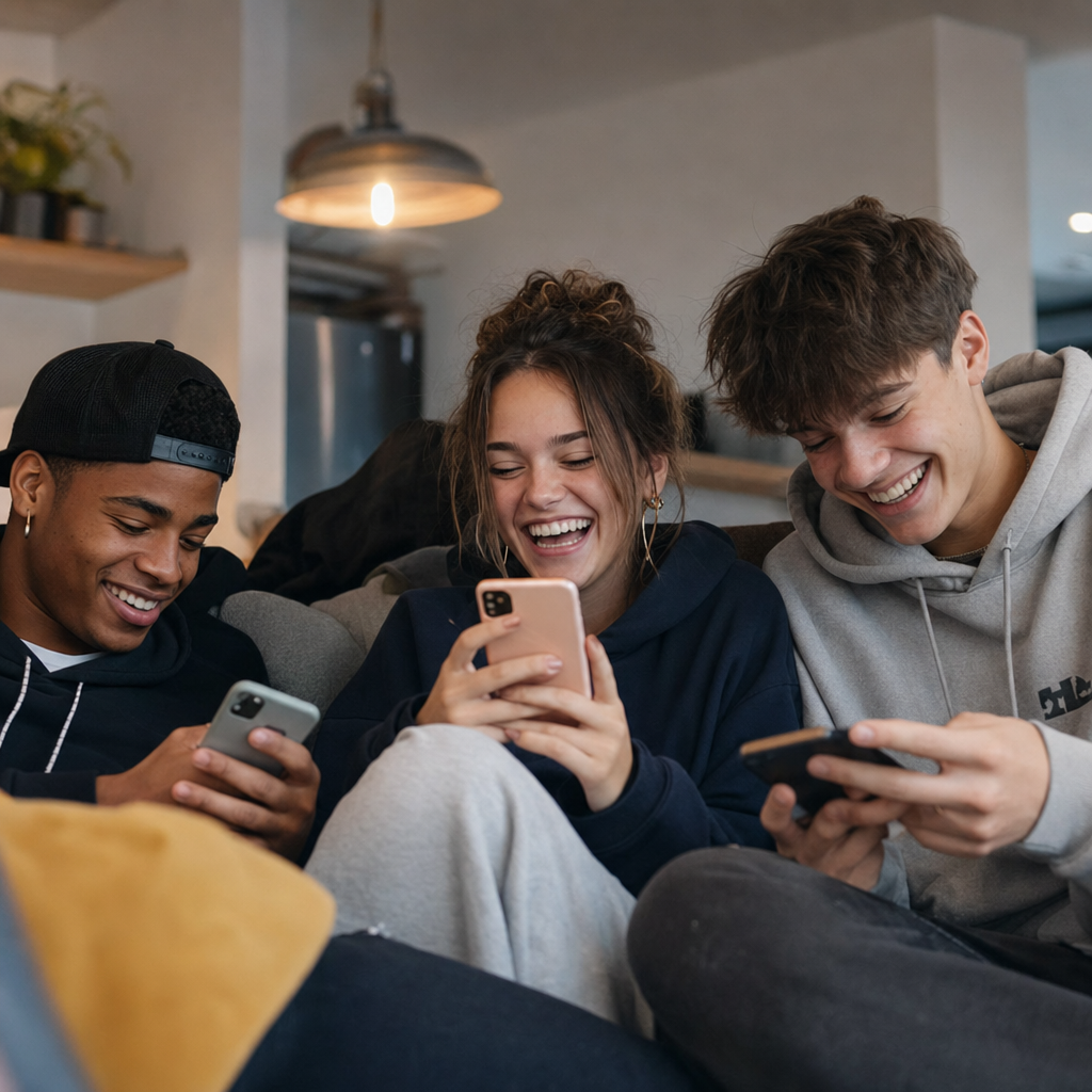 Friends laughing at emoji on their phones