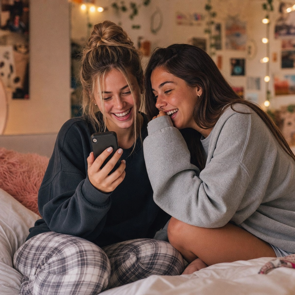 Friends laughing about being delulu