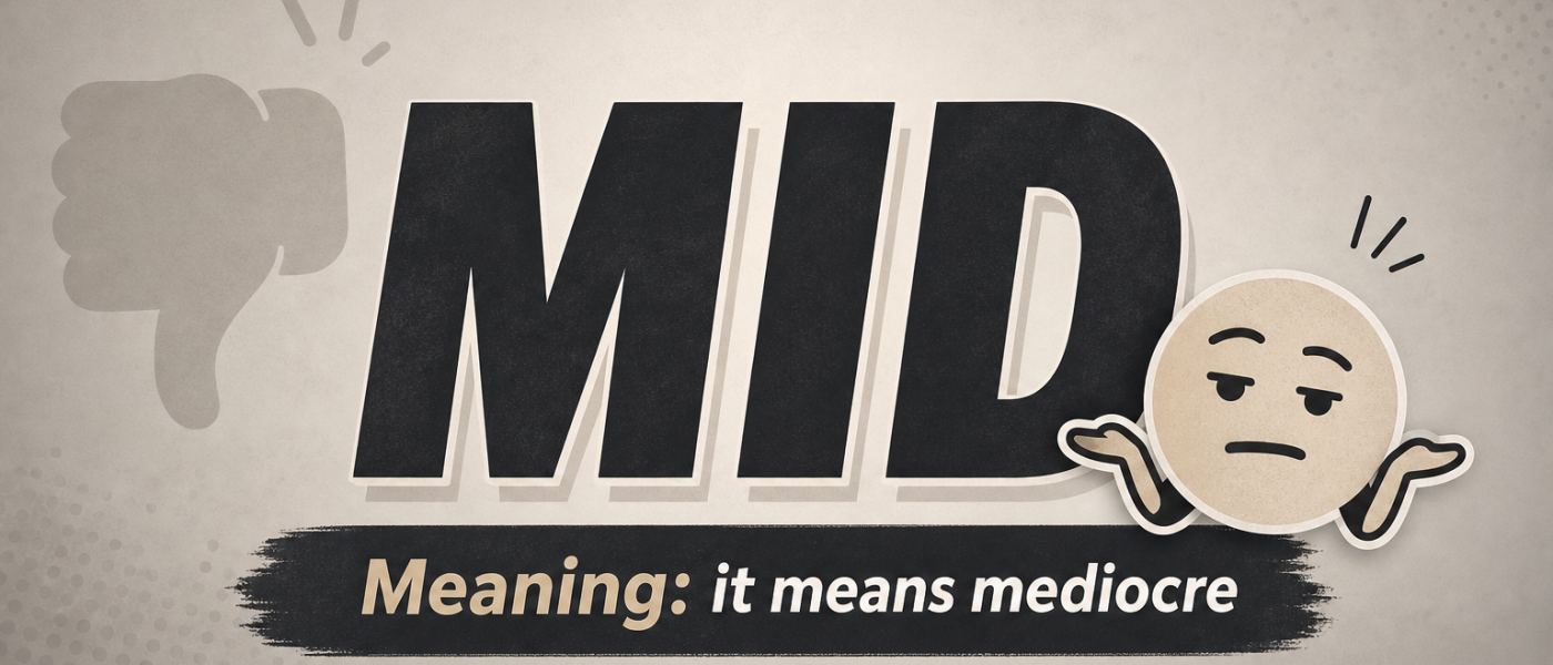 Illustration for the slang term mid, showing a thumbs-sideways reaction to something average or mediocre