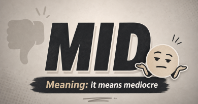 Illustration for the slang term mid, showing a thumbs-sideways reaction to something average or mediocre