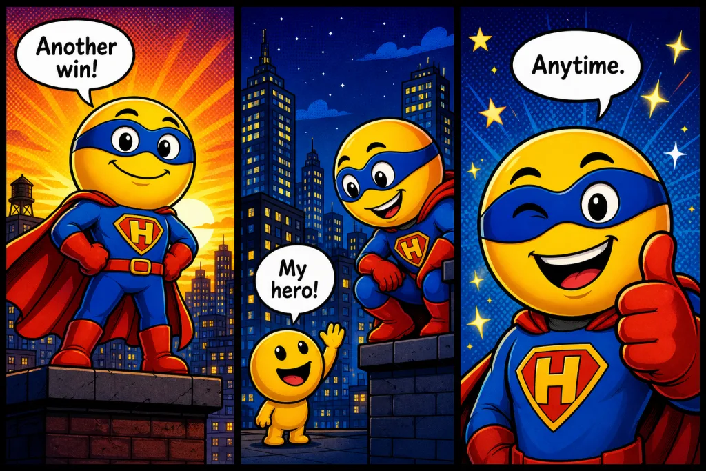 Comic of the emoji superhero being thanked and giving a thumbs up