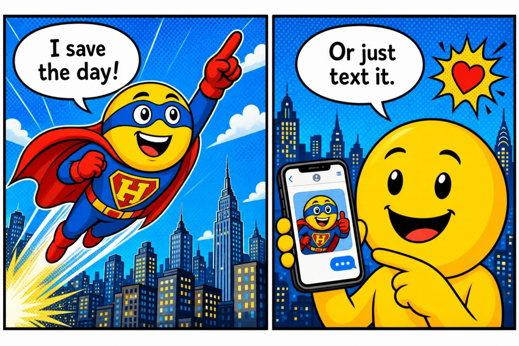 Comic showing the superhero emoji meaning: a hero saving the day or just texting the emoji