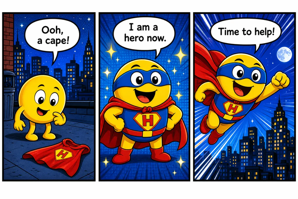 Comic of a yellow emoji finding a cape and becoming a superhero