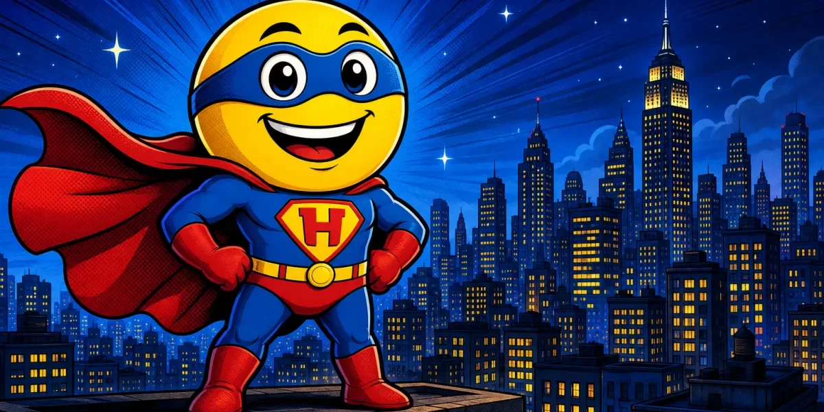 Superhero emoji meaning shown by a caped yellow emoji superhero on a city rooftop