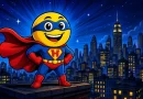 Superhero emoji meaning shown by a caped yellow emoji superhero on a city rooftop