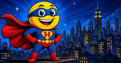 Superhero emoji meaning shown by a caped yellow emoji superhero on a city rooftop