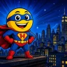 Superhero emoji meaning shown by a caped yellow emoji superhero on a city rooftop