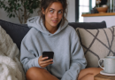 Chica Gen Z enviando un mensaje de texto, reaccionando al significado de "ts pmo"