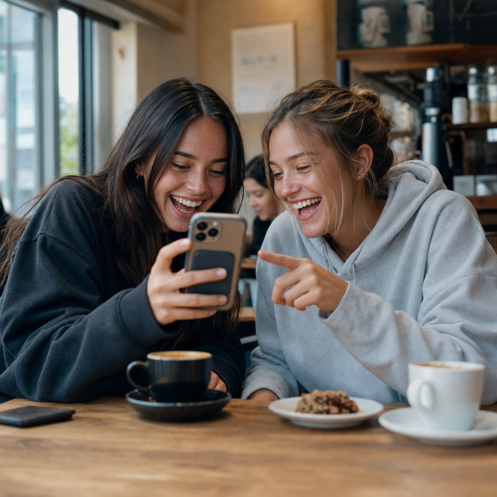 Two friends laughing at ts pmo meaning on a phone