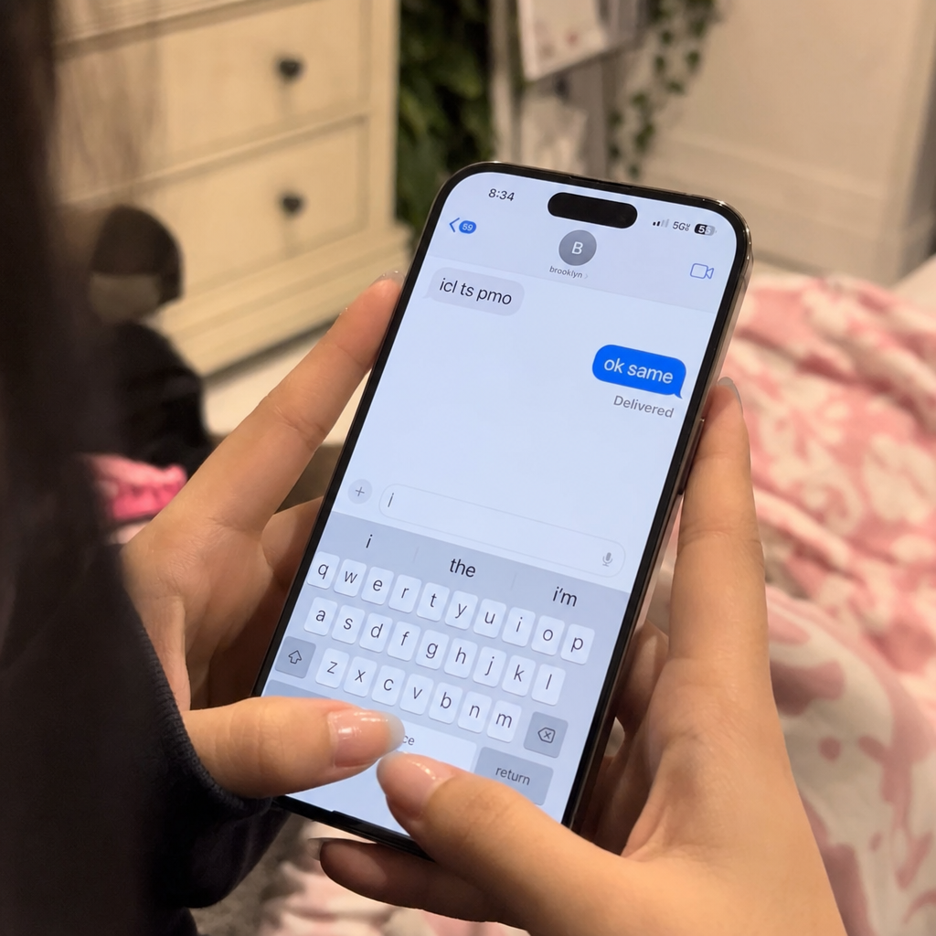 Phone showing icl ts pmo in a text message