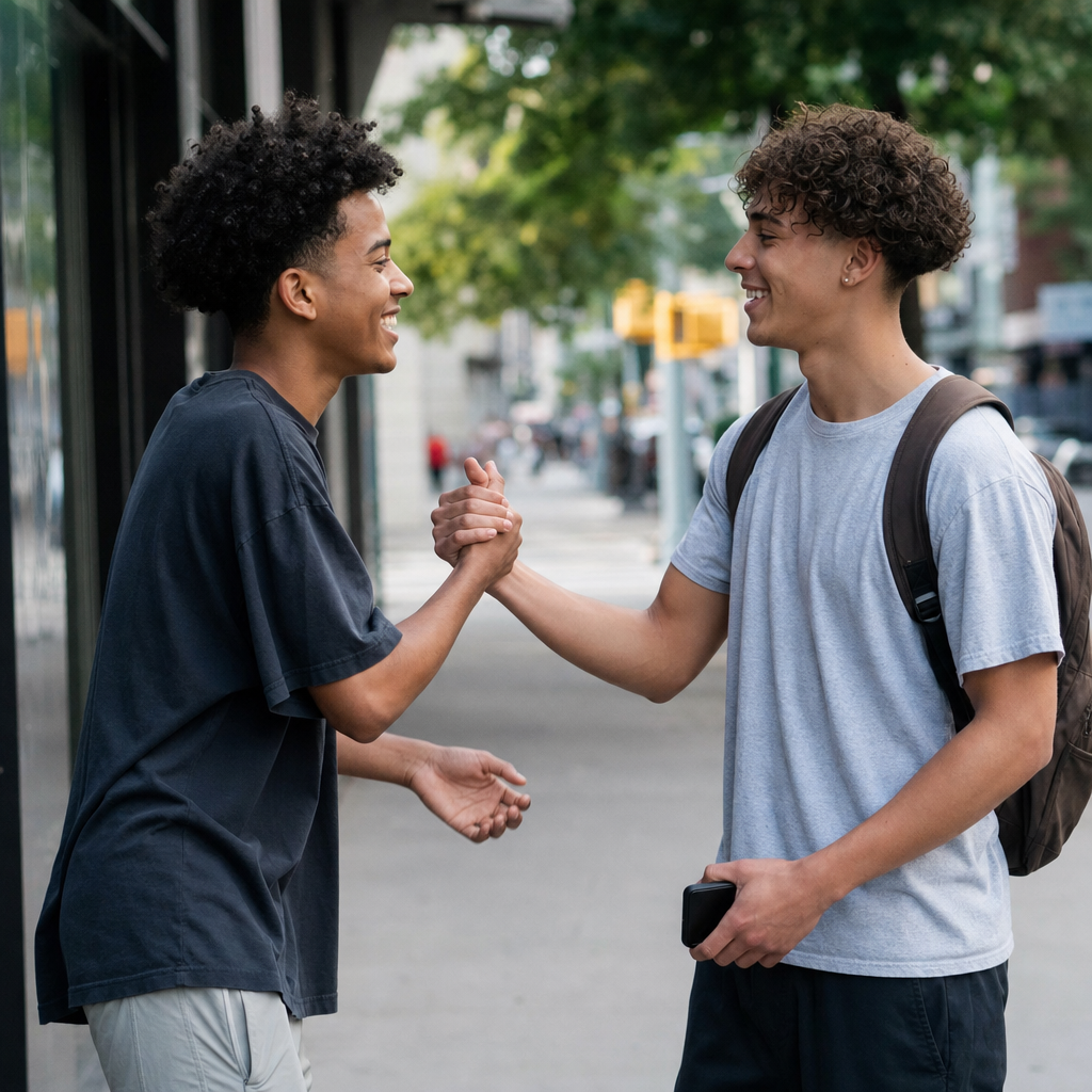 Two friends greeting each other casually