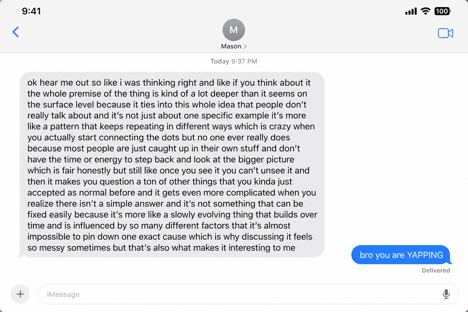 Yapping slang shown in a text message example